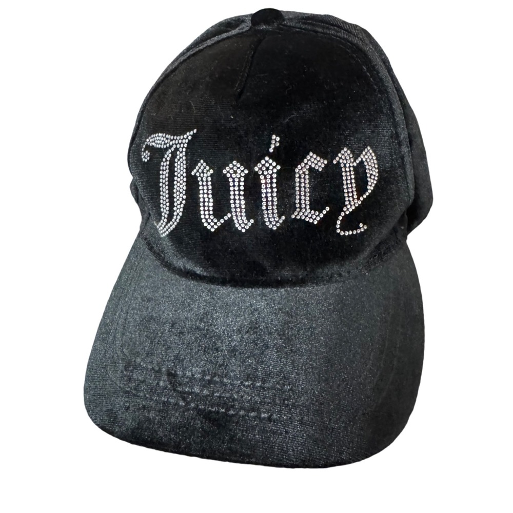 Juicy Couture Black Velvet Rhinestone Logo‎ Y2K Baseball Cap Hat One Size